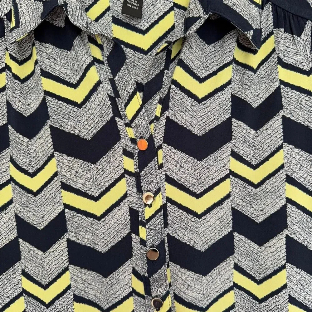 Alfani Yellow and navy blue chevron button up blouse size P